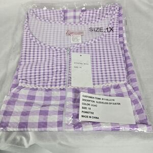 tati Fashion Womens Sleepwear 1X Sleeveless Zip Closure Duster Lilac Gingham NOS
